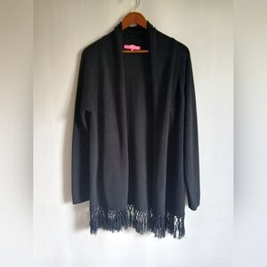 Lilly Pulitzer Black Cotton Knit Open-Front Fringe Hem Cardigan SzXL
